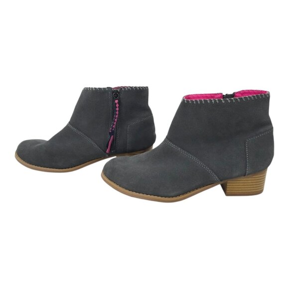 TOMS Ankle Boot Youth Size 6 Bootie Faux Suede Block Heel Pink Lining Side Zip - Picture 9 of 16